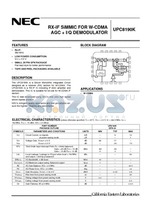 UPC8190K-E1 datasheet - RX-IF SiMMIC FOR W-CDMA AGC  I/Q DEMODULATOR