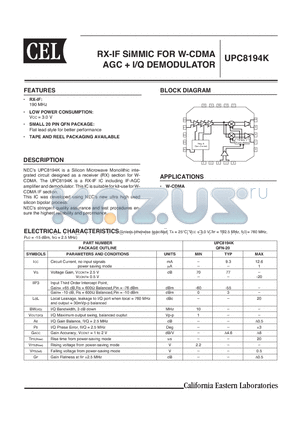 UPC8194K-E1-A datasheet - RX-IF SiMMIC FOR W-CDMA AGC  I/Q DEMODULATOR