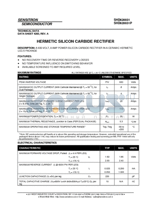 SHD620031 datasheet - HERMETIC SILICON CARBIDE RECTIFIER