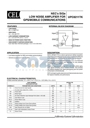 UPC8211TK datasheet - SiGe LOW NOISE AMPLIFIER FOR GPS/MOBILE COMMUNICATIONS