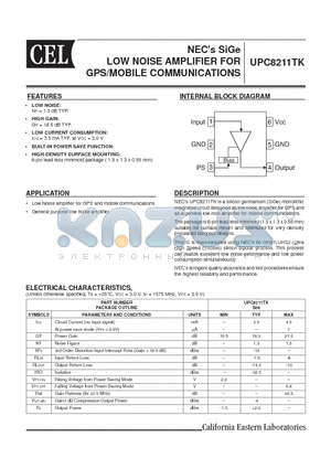 UPC8211TK-E2 datasheet - NECs SiGe LOW NOISE AMPLIFIER FOR GPS/MO BILE COMMUNICATIONS