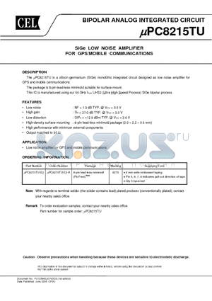 UPC8215TU-E2-A datasheet - SiGe LOW NOISE AMPLIFIER FOR GPS/MOBILE COMMUNICATIONS