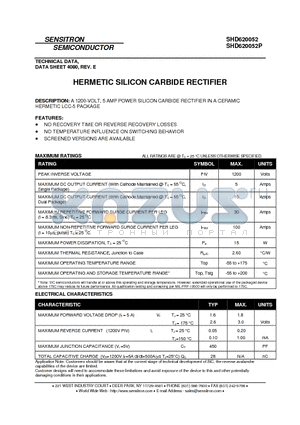 SHD620052 datasheet - HERMETIC SILICON CARBIDE RECTIFIER