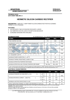 SHD620052P datasheet - HERMETIC SILICON CARBIDE RECTIFIER