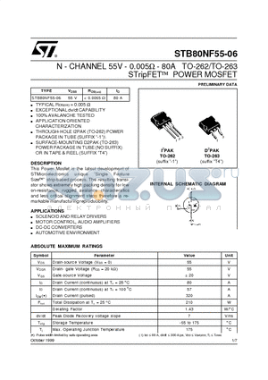 STB80NF55-06T4 datasheet - N-channel 55V - 0.005 - 80A - TO-220 /FP - I2PAK - D2PAK STripFET II Power MOSFET