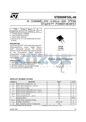 STB80NF55L-06 datasheet - N - CHANNEL 55V - 0.005 ohm - 80A D2PAK STripFET POWER MOSFET