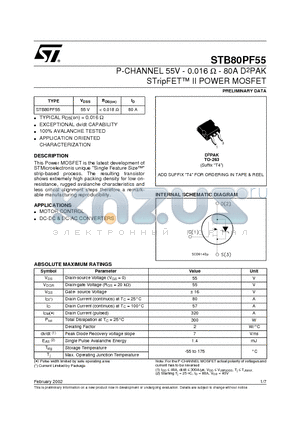 STB80PF55 datasheet - P-CHANNEL 55V - 0.016 ohm - 80A D2PAK STripFET II POWER MOSFET