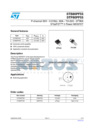 STB80PF55 datasheet - P-channel 55V - 0.016Y - 80A - TO-220 - D2PAK STripFET II Power MOSFET