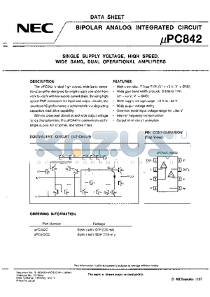 UPC842C datasheet - BIPOLAR ANALOG INTEGRATED CIRCUIT (SINGLE SUPPLY VOLTAGE, HIGH SPEED, WIDE BAND, DUAL OPERATIONAL AMPLIFIERS)