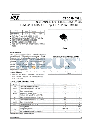 STB85NF3LL datasheet - N-CHANNEL 30V - 0.006ohm - 85A D2PAK LOW GATE CHARGE STripFETII POWER MOSFET