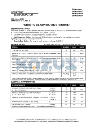 SHD625061D datasheet - HERMETIC SILICON CARBIDE RECTIFIER