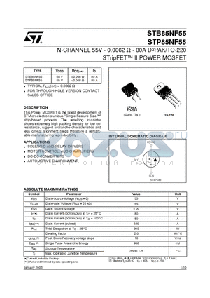 STB85NF55 datasheet - N-CHANNEL 55V - 0.0062 ohm - 80A D2PAK/TO-220 STripFET II POWER MOSFET