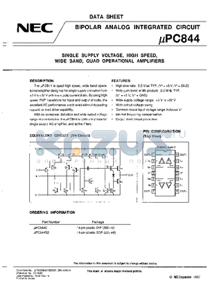 UPC844C datasheet - BIPOLAR ANALOG INTEGRATED CIRCUIT, SINGLE SUPPLY VOLTAGE, HIGH SPEED, WIDE BAND, QUAD OPERATIONAL AMPLIFIERS