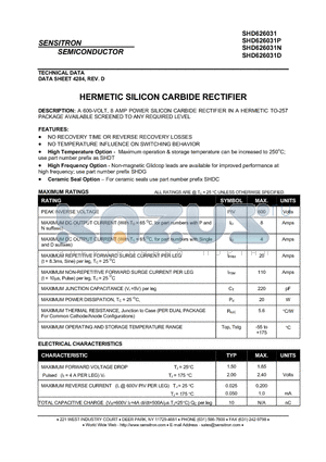 SHD626031 datasheet - HERMETIC SILICON CARBIDE RECTIFIER