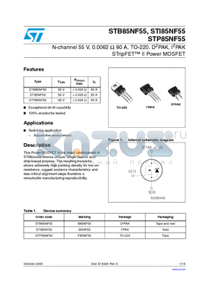 STB85NF55 datasheet - N-channel 55 V, 0.0062 Y, 80 A, TO-220, D2PAK, I2PAK STripFET II Power MOSFET