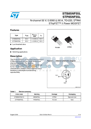 STB85NF55L datasheet - N-channel 55 V, 0.0060 Y, 80 A, TO-220, D2PAK STripFET II Power MOSFET