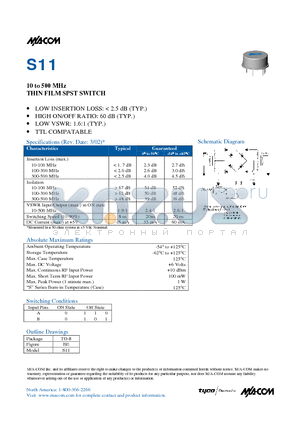 S11 datasheet - 10 to 500 MHz THIN FILM SPST SWITCH