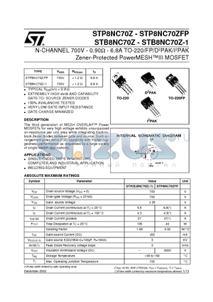 STB8NC70Z datasheet - N-CHANNEL 700V - 0.90ohm - 6.8A TO-220/FP/D2PAK/I2PAK Zener-Protected PowerMESHIII MOSFET