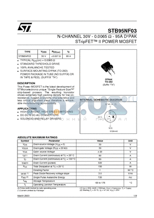 STB90NF03 datasheet - N-CHANNEL 30V - 0.0065 ohm - 95A DbPAK STripFET II POWER MOSFET