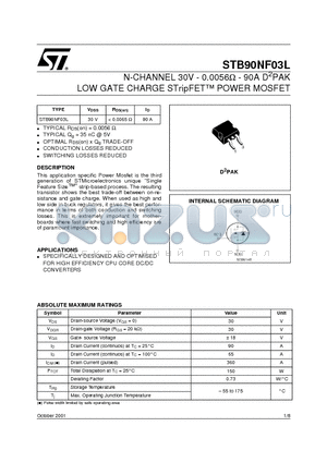 STB90NF03L datasheet - N-CHANNEL 30V - 0.0056ohm - 90A D2PAK LOW GATE CHARGE STripFET POWER MOSFET