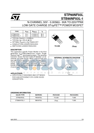 STB90NF03L-1 datasheet - N-CHANNEL 30V - 0.0056ohm - 90A TO-220/I2PAK LOW GATE CHARGE STripFET POWER MOSFET
