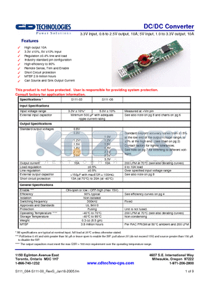 S111-0320XYZ-BB datasheet - DC/DC Converter 3.3V input, 0.8 to 2.5V output, 10A; 5V input, 1.0 to 3.3V output, 10A