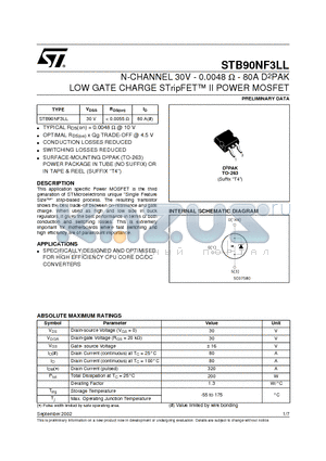 STB90NF3LL datasheet - N-CHANNEL 30V - 0.0048 ohm - 80A D2PAK LOW GATE CHARGE STripFET II POWER MOSFET