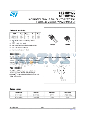 STB8NM60D datasheet - N-CHANNEL 600V - 0.9Y - 8A - TO-220/D2PAK Fast Diode MDmesh Power MOSFET