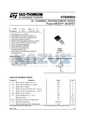 STB9NB50 datasheet - N - CHANNEL ENHANCEMENT MODE Power MESH  MOSFET