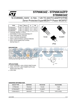 STB9NK50ZFP datasheet - N-CHANNEL 500V - 0.72ohm - 7.2A TO-220/TO-220FP/D2PAK Zener-Protected SuperMESH Power MOSFET