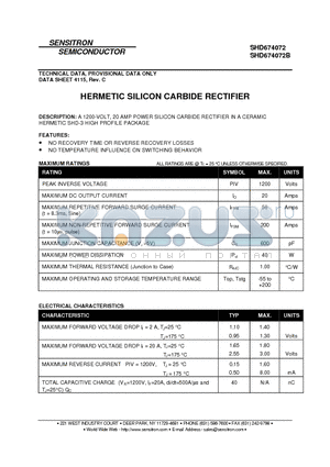 SHD674072 datasheet - HERMETIC SILICON CARBIDE RECTIFIER