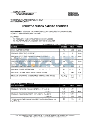 SHD676052 datasheet - HERMETIC SILICON CARBIDE RECTIFIER