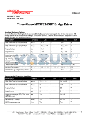 SHD830004 datasheet - Three-Phase MOSFET/IGBT Bridge Driver