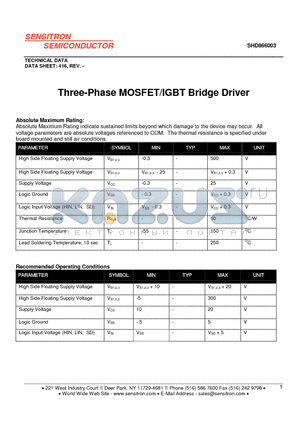 SHD866003 datasheet - Three-Phase MOSFET/IGBT Bridge Driver
