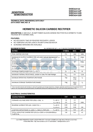 SHDC624122 datasheet - HERMETIC SILICON CARBIDE RECTIFIER