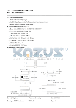 S1136 datasheet - T1/CEPT/ISDN-PRI TRANSFORMER