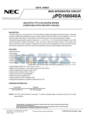 UPD160040A datasheet - 384-OUTPUT TFT-LCD SOURCE DRIVER