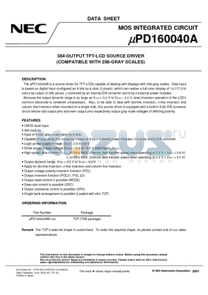 UPD160040AN datasheet - 384-OUTPUT TFT-LCD SOURCE DRIVER