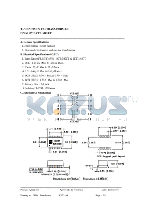 S1137 datasheet - T1/CEPT/ISDN-PRI TRANSFORMER