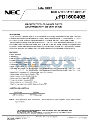 UPD160040B datasheet - 384-OUTPUT TFT-LCD SOURCE DRIVER