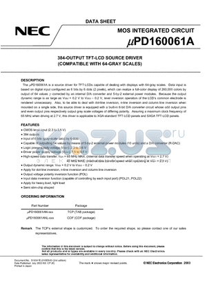 UPD160061A datasheet - 384-/360-OUTPUT TFT-LCD SOURCE DRIVER
