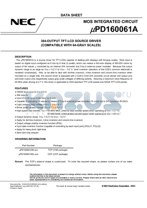 UPD160061AN datasheet - 384-/360-OUTPUT TFT-LCD SOURCE DRIVER