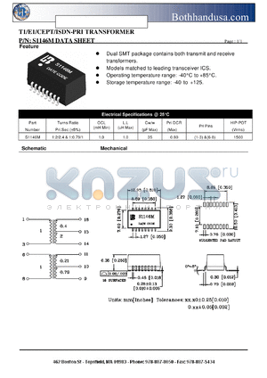 S1146M datasheet - T1/E1/CEPT/ISDN-PRI TRANSFORMER