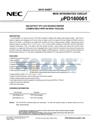 UPD160061N datasheet - 384-OUTPUT TFT-LCD SOURCE DRIVER