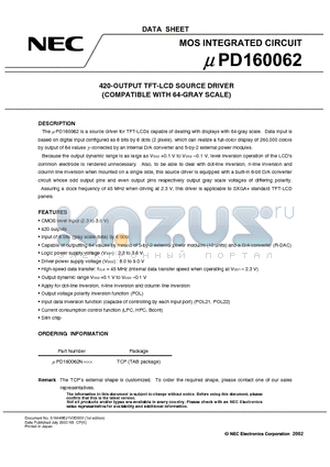 UPD160062 datasheet - 420-OUTPUT TFT-LCD SOURCE DRIVER