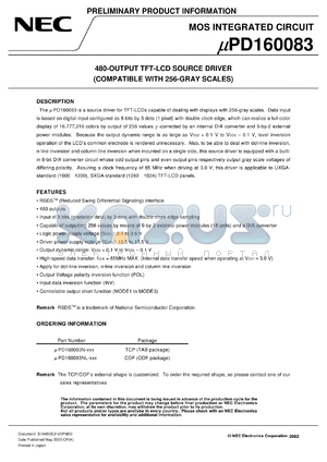 UPD160083 datasheet - 480-OUTPUT TFT-LCD SOURCE DRIVER