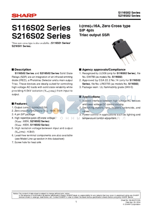 S116S02F datasheet - IT(rms)16A, Zero Cross type SIP 4pin Triac output SSR