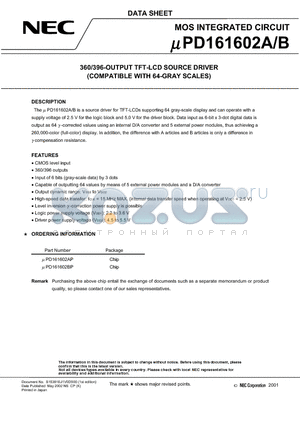 UPD161602A datasheet - 360/396-OUTPUT TFT-LCD SOURCE DRIVER