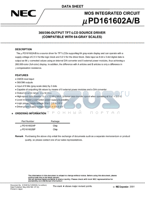 UPD161602BP datasheet - 360/396-OUTPUT TFT-LCD SOURCE DRIVER