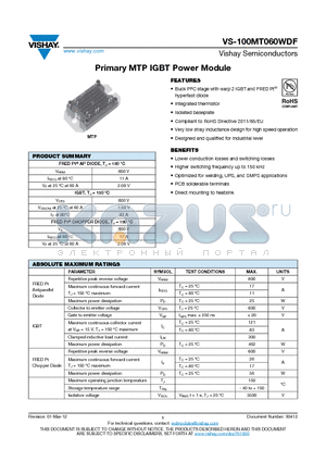 VS-100MT060WDF datasheet - Primary MTP IGBT Power Module